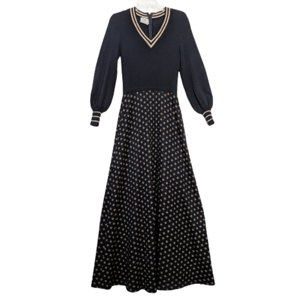 Vintage Sweater Dress Dayton's 80's Navy Blue Metallic Gold Accents 100%…